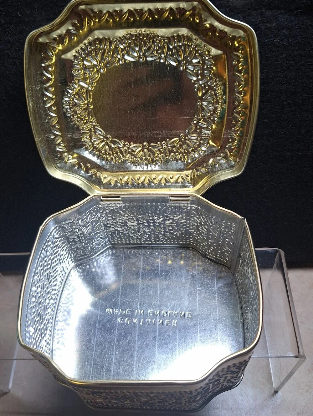 George W Horners Embossed Floral Rose Candy Treats Tin Gold Black England Hinged